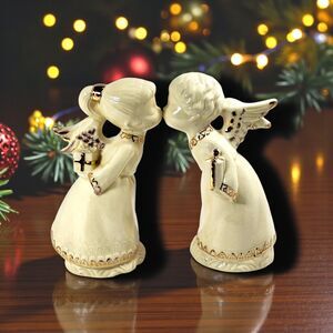 Vintage Kissing Angel Figurines Ivory & Gold Large 9" Ceramic Pair Signed NP